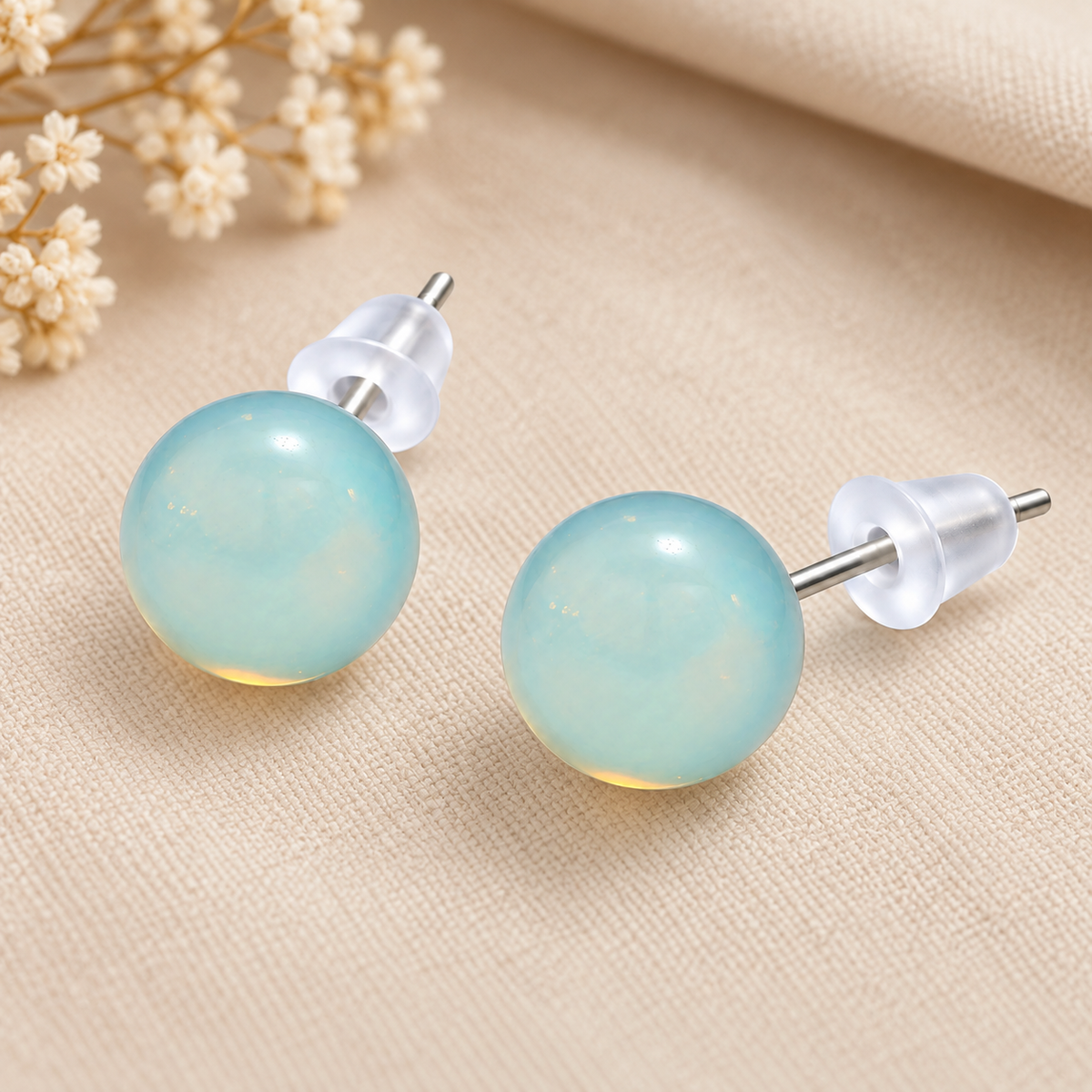 Aros Bolita Piedra Luna 10mm Acero